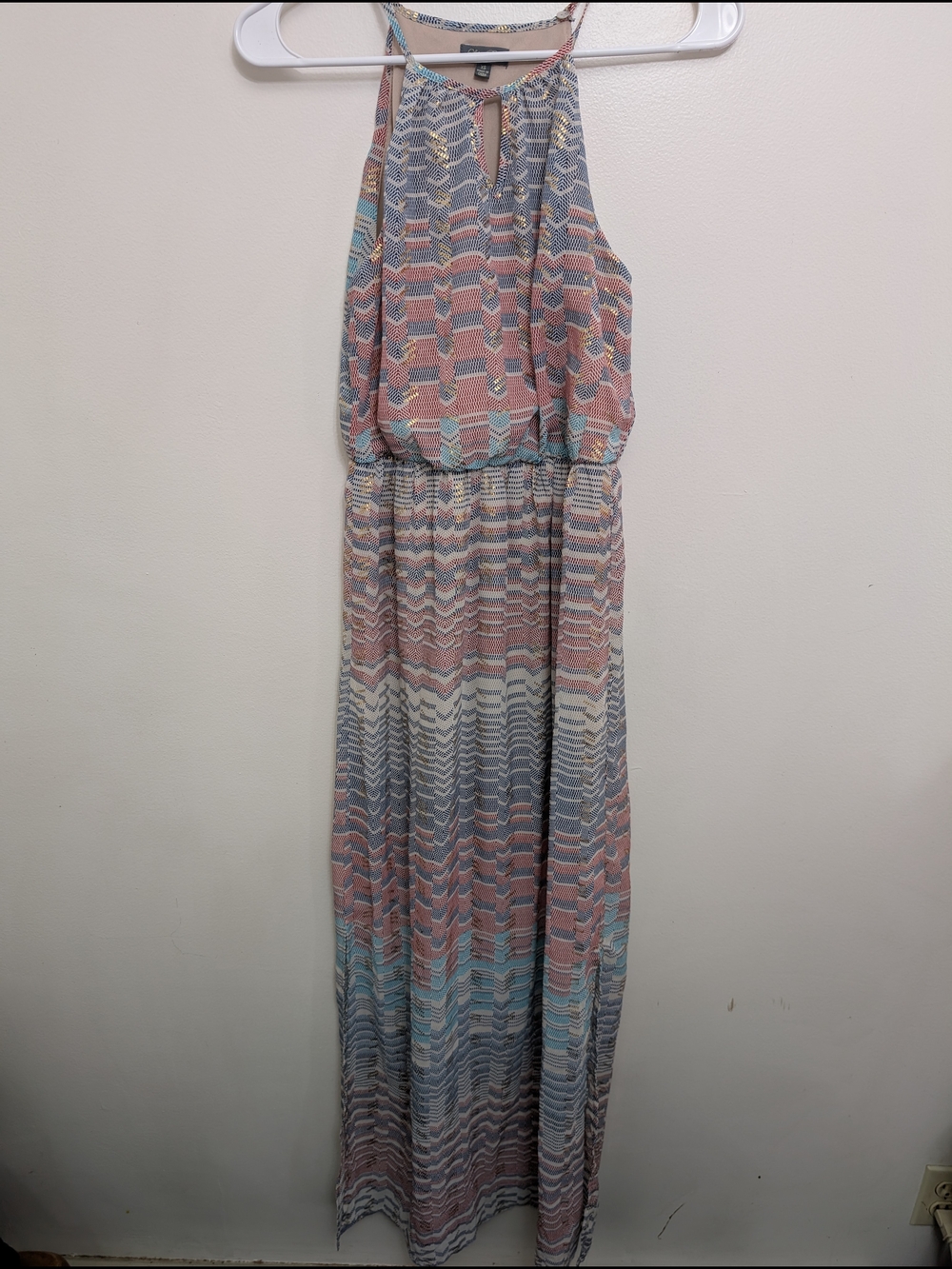 XS Lily Rose Pastel Chevron Halter Maxi Dress Multicolor W/ Gold Shimmery Accent